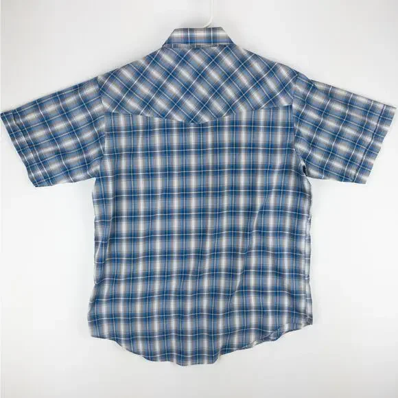 Plains Western Shirt Men's Large Short Sleeve Pearl Snaps Plaid White Blue - Picture 7 of 9